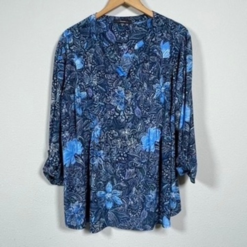 Cocomo Floral Paisley Blouse Womens 3X Blue Roll Tab Sleeve Split Neck Boho
